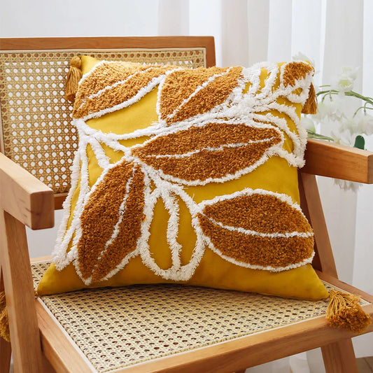 Housse de coussin brodée coton jaune moutarde motif feuilles – Déco bohème chic 45x45 cm