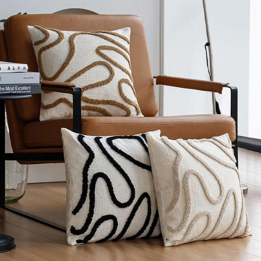 Housse de coussin géométrique brodée en tissu chenille – Déco moderne chic 45x45 cm