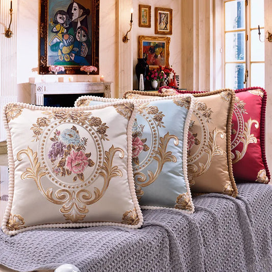 Housse de coussin jacquard fleurie style classique chic – Beige, bleu, café, rouge – 45x45 cm