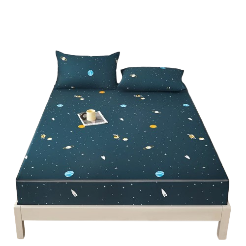 Housse de matelas imperméable bleu nuit motif espace avec planètes et fusées