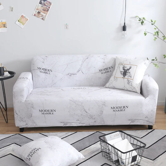 Housse extensible blanche motif marbre pour canapé