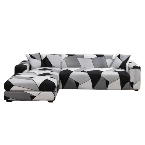 Housse extensible pour canapé d’angle au motif géométrique noir, gris et blanc