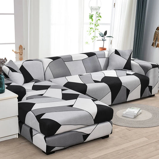 Housse extensible pour canapé d’angle au motif géométrique noir, gris et blanc