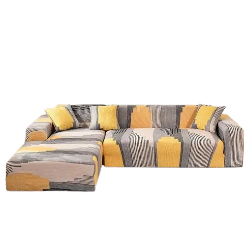 Housse extensible pour canapé d’angle avec motif graphique jaune et gris moderne