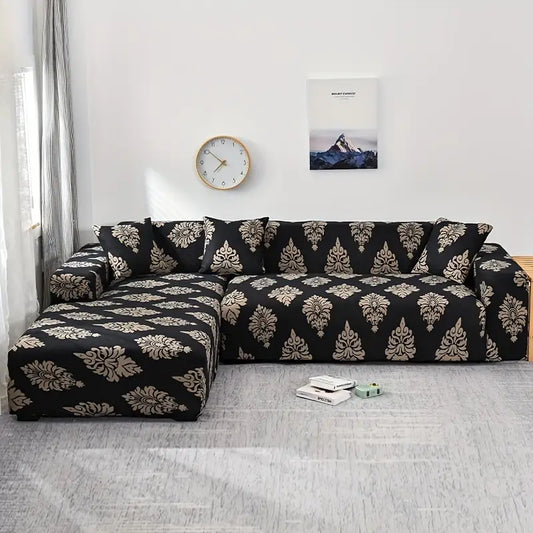 Housse extensible pour canapé d’angle noir à motif baroque beige – chic