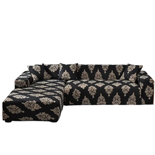Housse extensible pour canapé d’angle noir à motif baroque beige – chic et ajustable