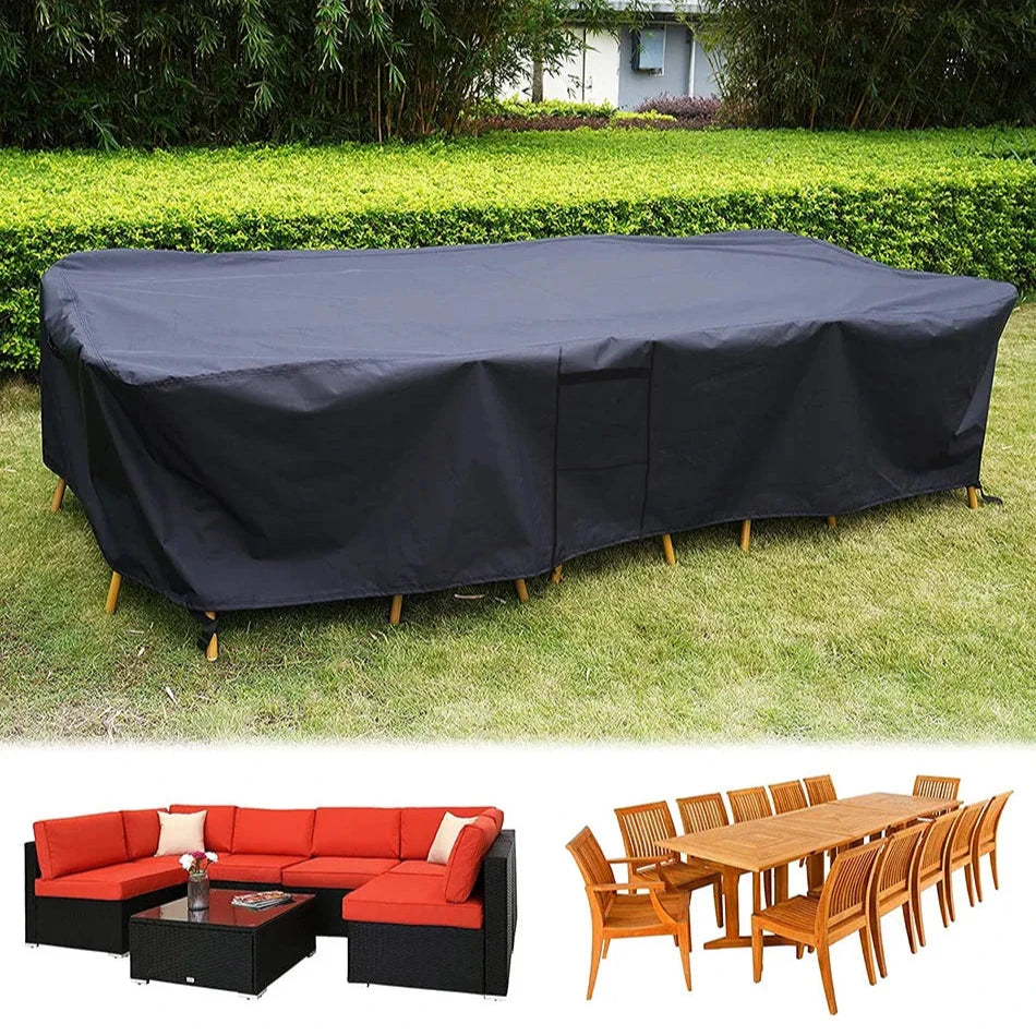 Housse imperméable noire pour table de jardin en tissu Oxford.