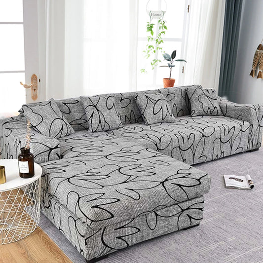 Housse pour canapé d’angle extensible grise avec motif floral noir – moderne et ajustable