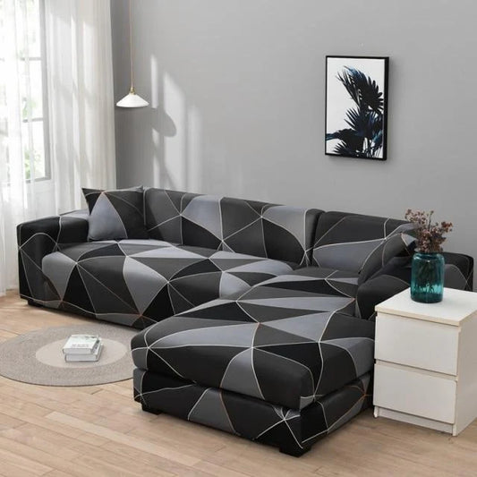 Housse pour canapé d’angle extensible noire à motif géométrique orange et blanc – ajustable et moderne