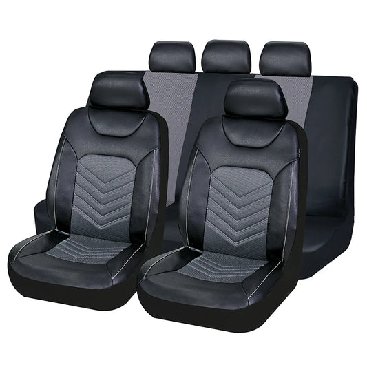 Housses de siège AUTO en cuir PU noir et mesh gris, couvrant sièges avant, banquette et appuie-têtes, style racing.