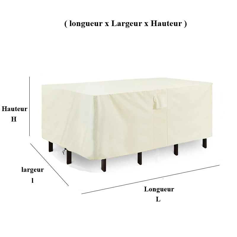Housse robuste protégeant la table de jardin de la pluie et des UV.
