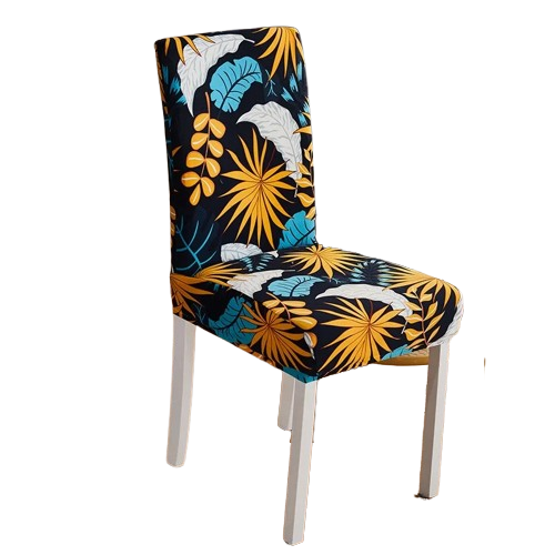 Housse de chaise extensible tropicale à feuilles jaune, bleues et blanches