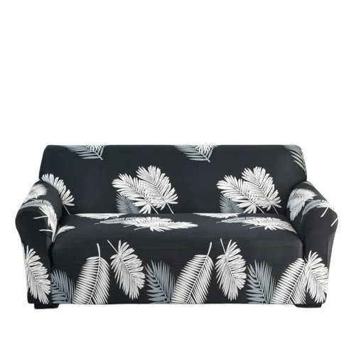 Housse de Canapé Extensible Noire – Motif Feuilles Tropicales