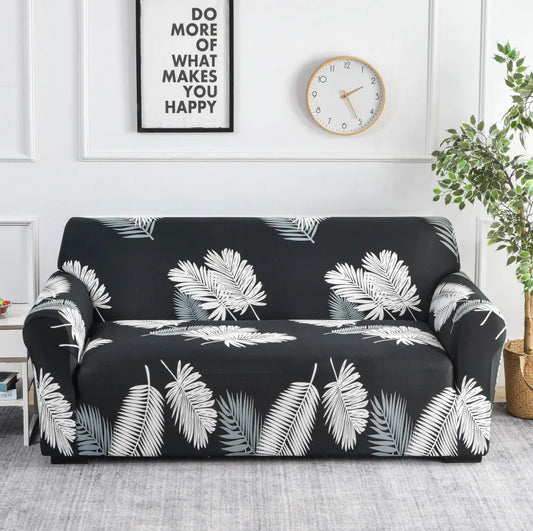 Housse de Canapé Extensible Noire – Motif Feuilles Tropicales