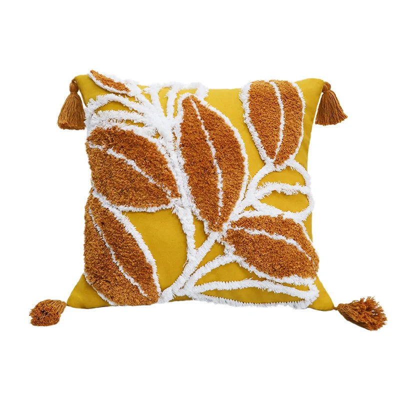 Housse de Coussin Brodée en Coton – Motif Feuilles Jaune Moutarde 45x45cm