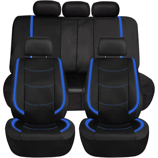 Set de housses de siège auto universelles en cuir PU noir avec passepoils et coutures bleues, couvrant sièges avant, banquette et appuie-têtes.
