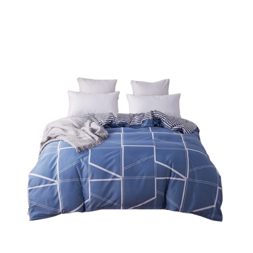 Housse de Couette Réversible Bleu Géométrique & Rayures