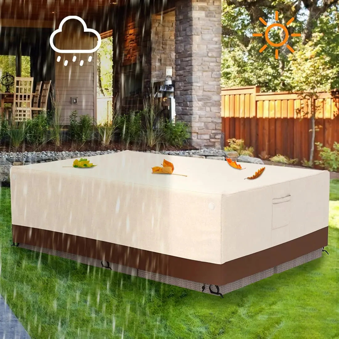 Housse imperméable beige et marron pour table de jardin, offrant une protection contre la pluie, la neige et le soleil.