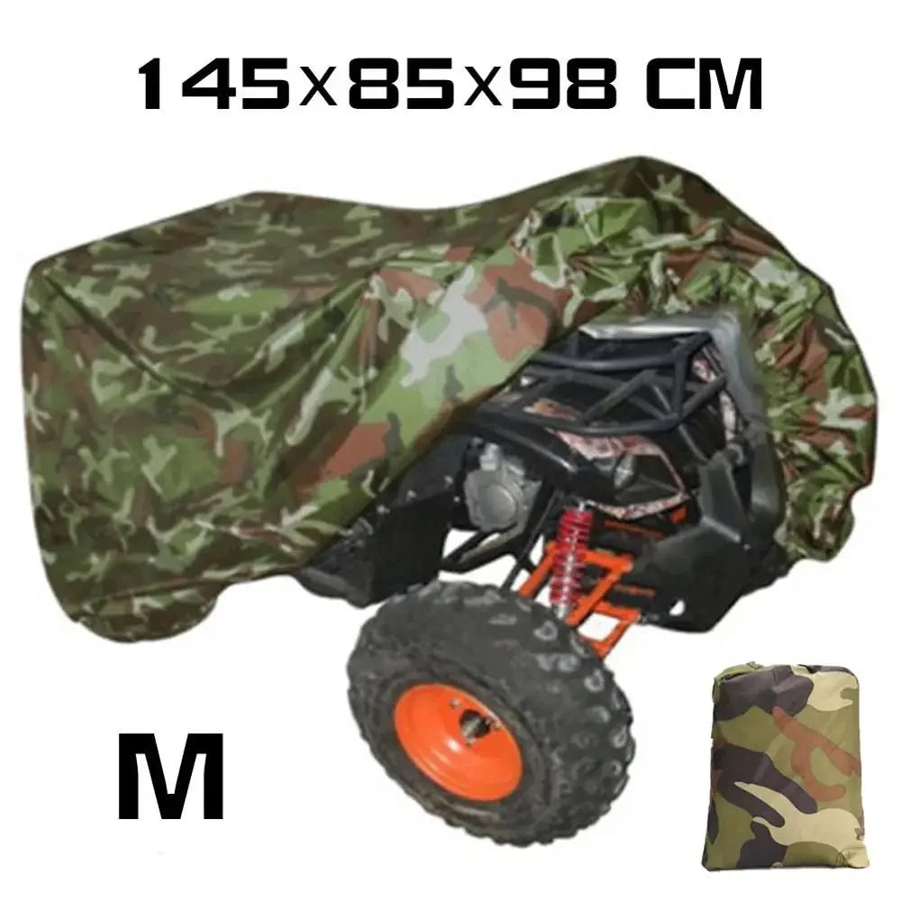 Quad recouvert par une housse imperméable (camouflage) avec ses dimensions illustrées.