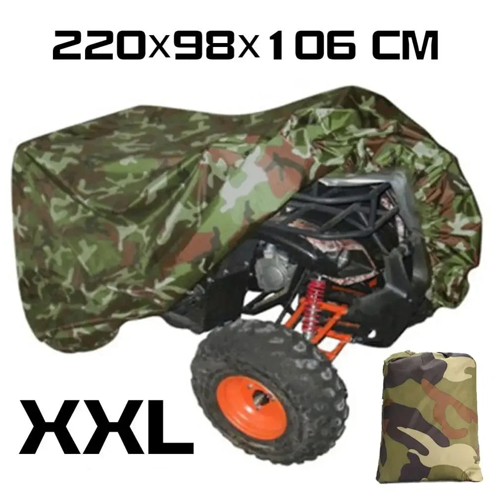 Vue arrière d’un quad recouvert par une housse imperméable (camouflage) avec dimensions illustrées.