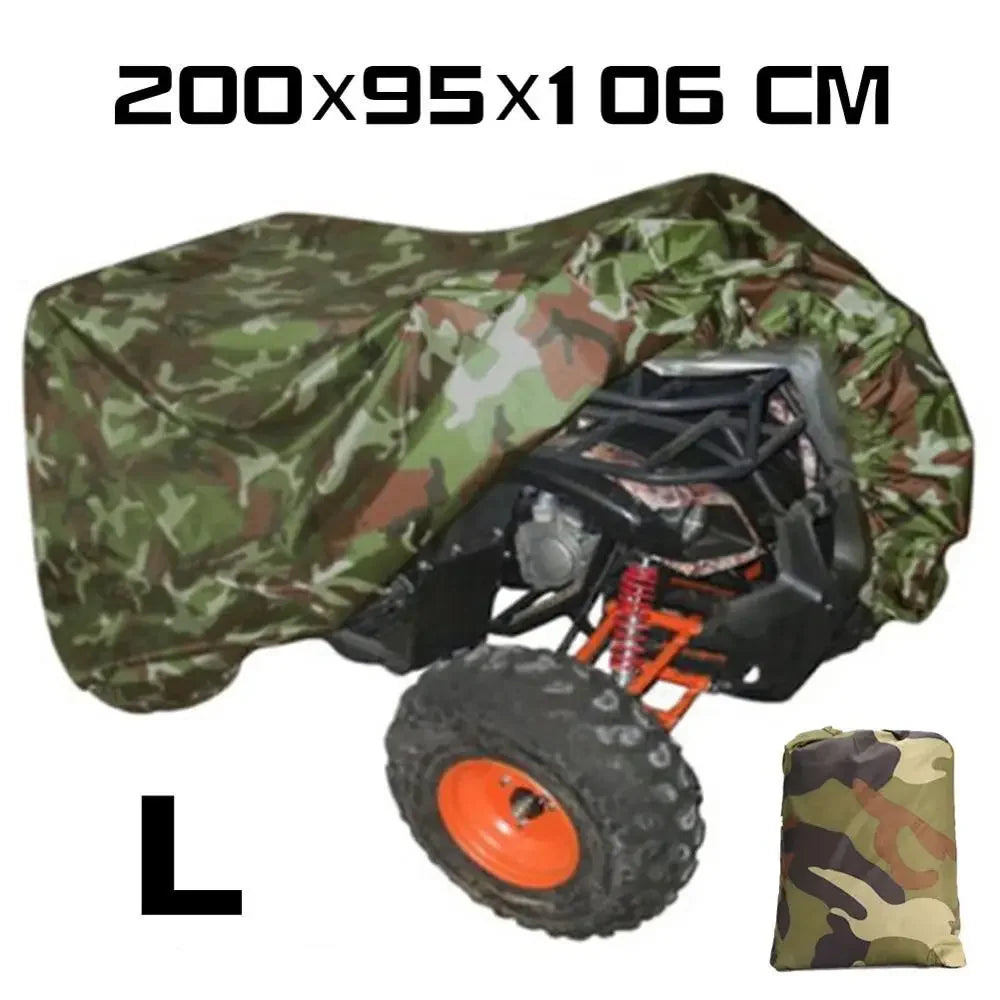 Vue latérale d’un quad couvert par une housse imperméable (camouflage) avec dimensions détaillées.