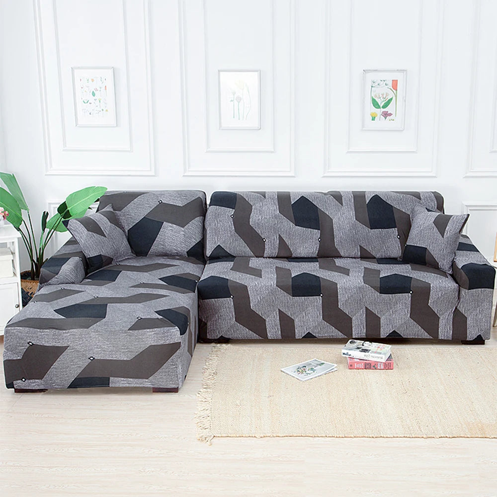 housse de canapé d’angle extensible gris et noir motif graphique moderne