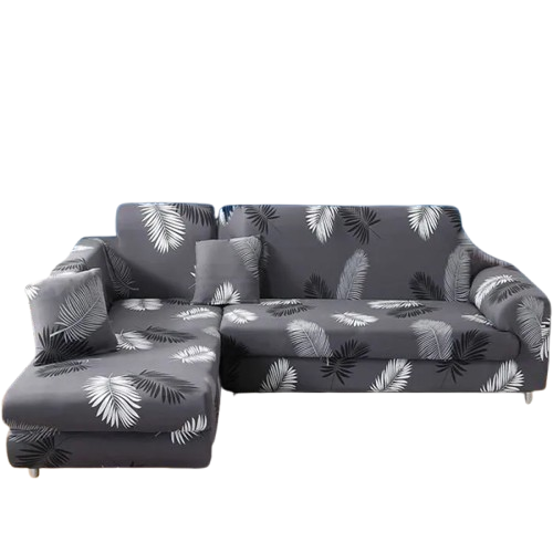 housse de canapé d’angle extensible gris foncé avec motif feuilles tropicales blanches
