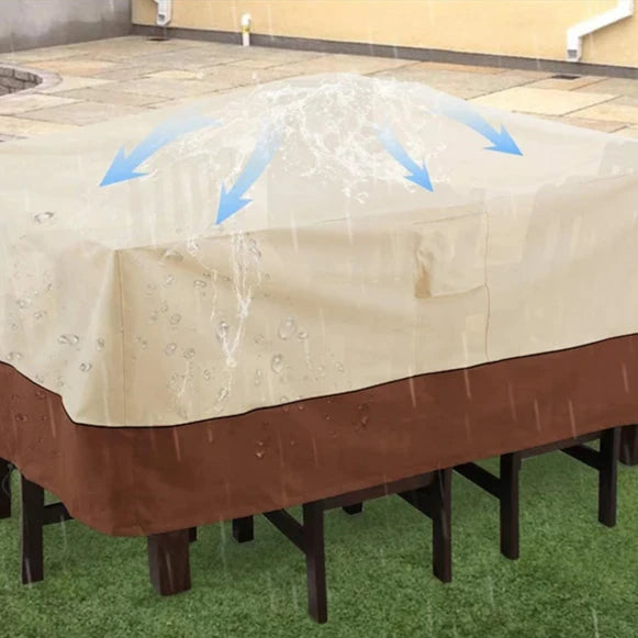 Protection imperméable de table de jardin, idéale pour maintenir le mobilier extérieur en parfait état, même par mauvais temps.