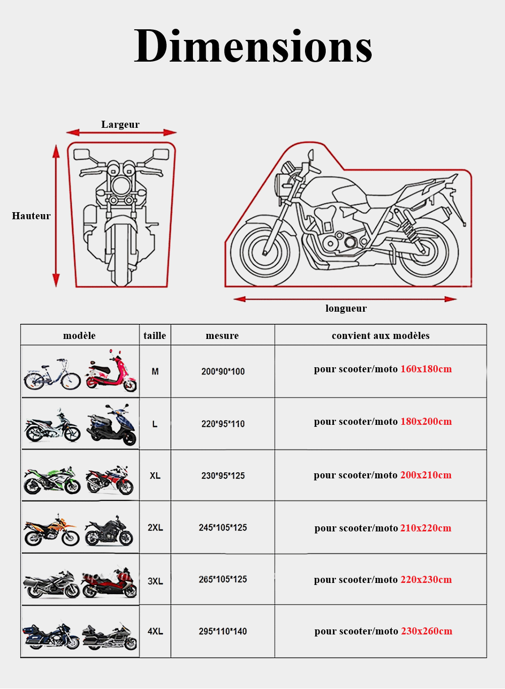 tableau des tailles housse scooter moto